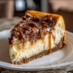 A decadent slice of pecan pie cheesecake featuring a creamy filling, graham cracker crust, and rich pecan topping.