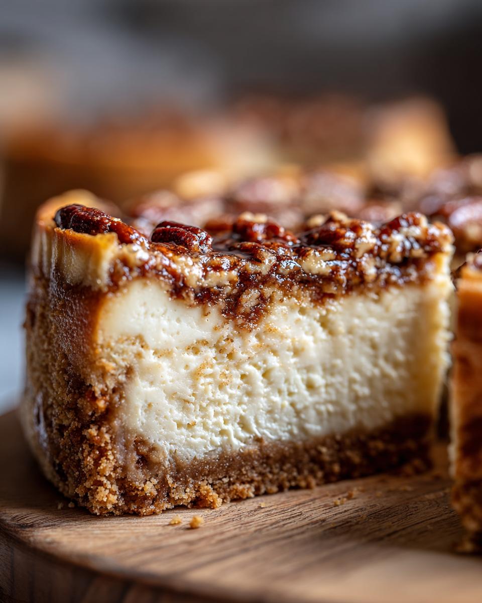 Close-up of a rich slice of pecan pie cheesecake showing the creamy filling and pecan topping.