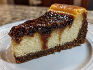 A close-up of a rich slice of pecan pie cheesecake featuring a thick, dark pecan topping dripping down the creamy center.