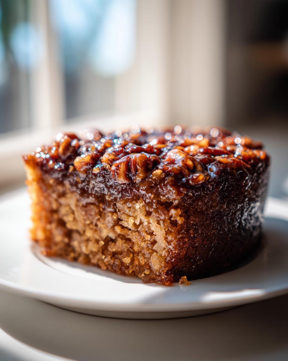A close-up of a moist slice of pecan upside down cake with a sticky, caramelized pecan topping.