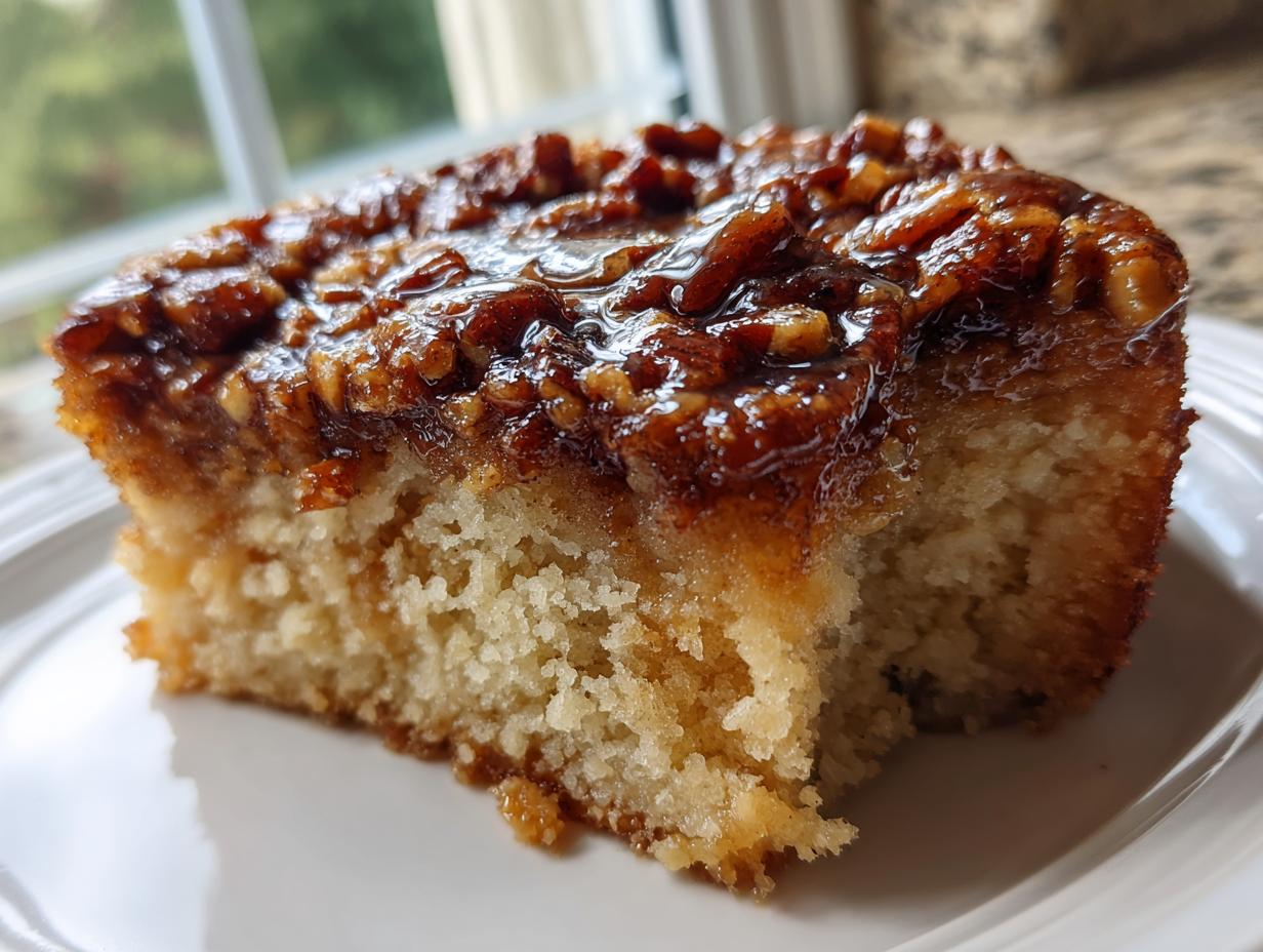 Close-up of a moist slice of pecan upside down cake showing the fluffy crumb and sticky, glossy pecan topping.