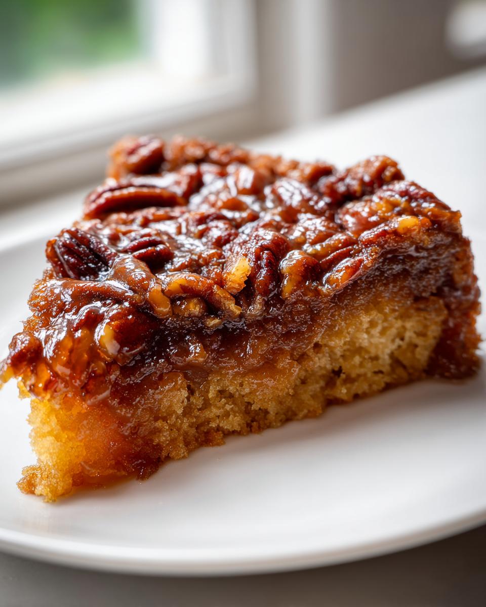 Close-up of a moist slice of pecan upside down cake showing the gooey caramel topping and soft cake base.
