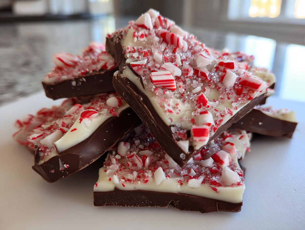 A stack of homemade peppermint bark recipe pieces showing dark chocolate, white chocolate, and crushed candy canes.