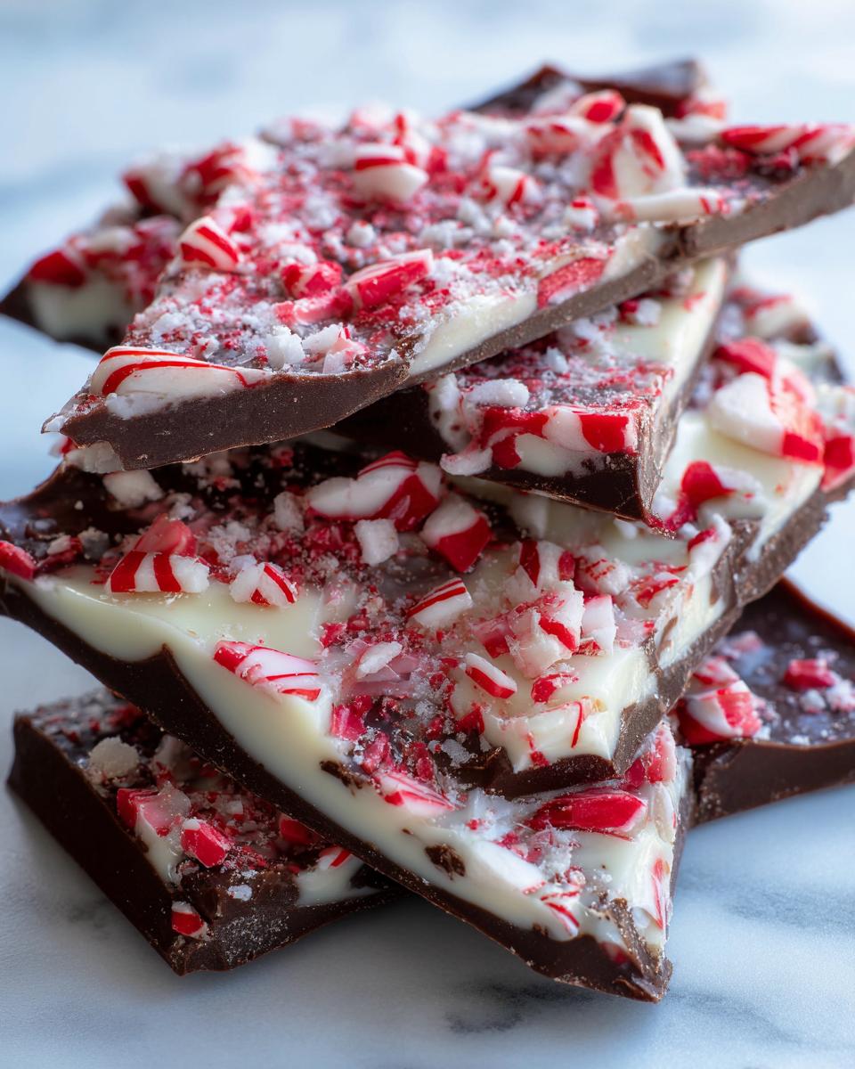 Close-up of stacked dark and white chocolate pieces from a peppermint bark recipe, topped with crushed candy canes.