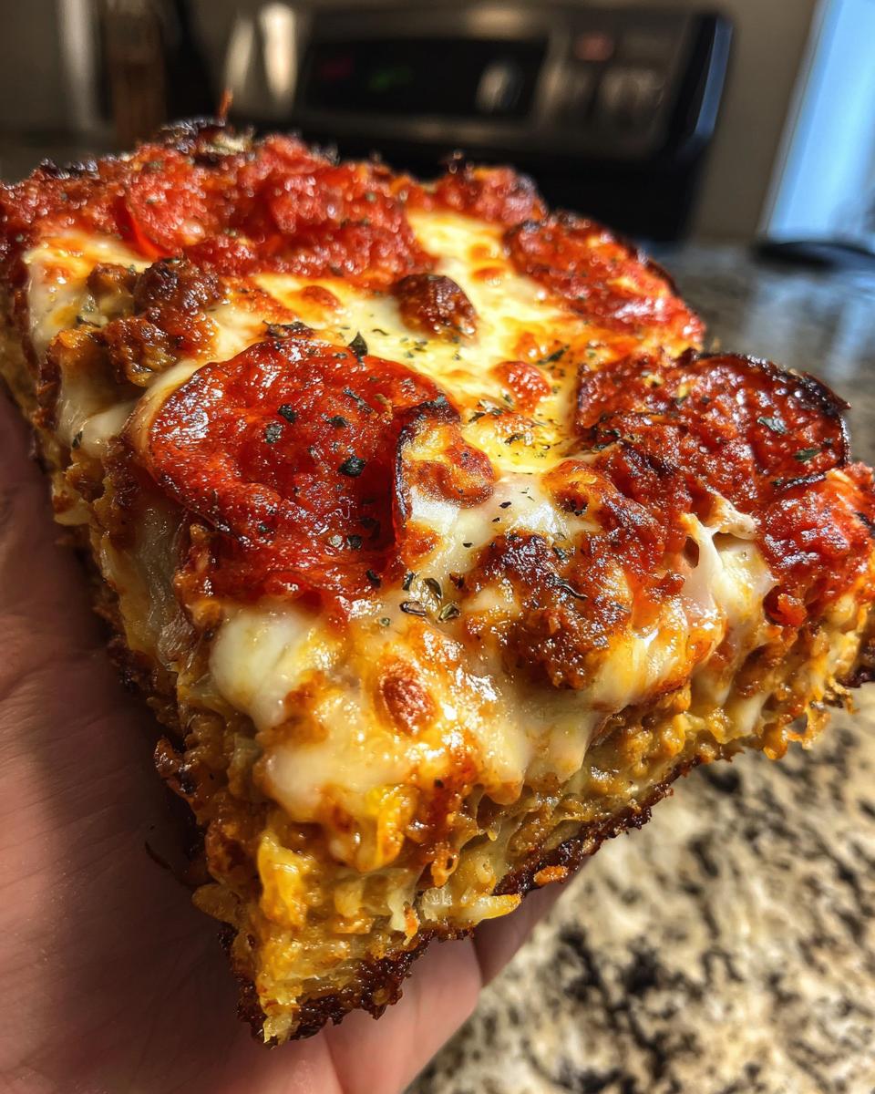 Close-up of a thick slice of pepperoni chicken crust pizza held in hand, showing melted cheese and crispy edges.