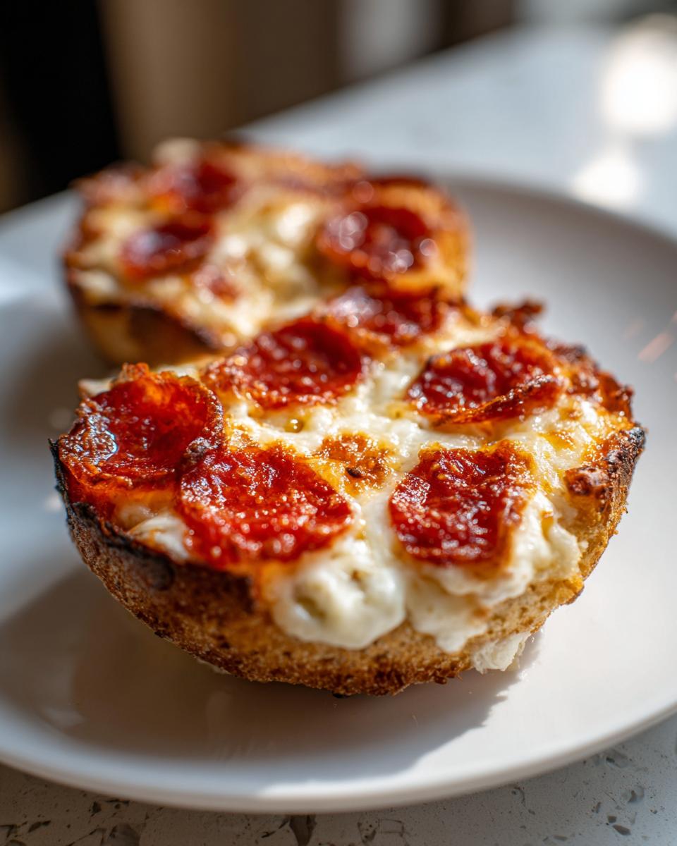 Close-up of two delicious pepperoni pizza bagels topped with bubbly, melted white cheese on a white plate.