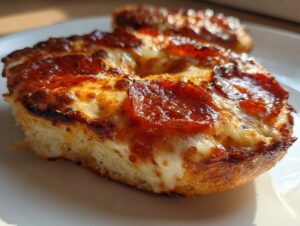 Close-up of a perfectly baked pepperoni pizza bagel slice showing melted cheese and crispy edges.
