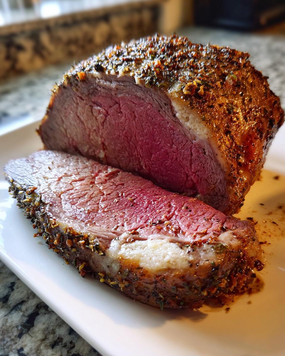 Close-up of a perfectly cooked rib roast, showing a bright pink medium-rare center and a heavily seasoned crust.