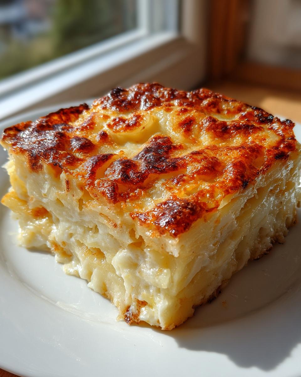 A square serving of creamy potatoes au gratin with a beautifully browned, bubbly cheese top.