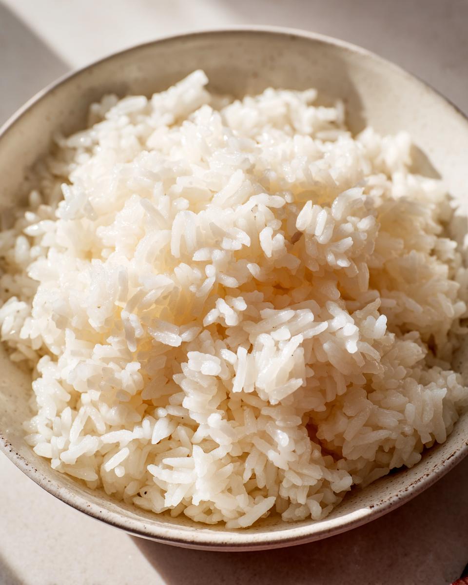 Close-up of perfectly cooked, glossy sushi rice piled high in a light-colored ceramic bowl.