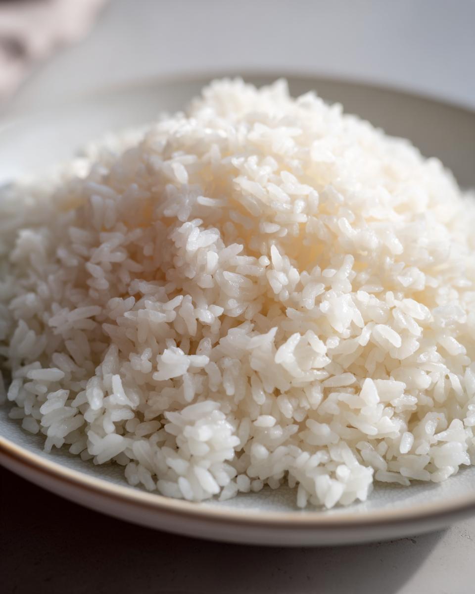 Close-up of a mound of perfectly cooked, glossy white sushi rice served on a light-colored plate.
