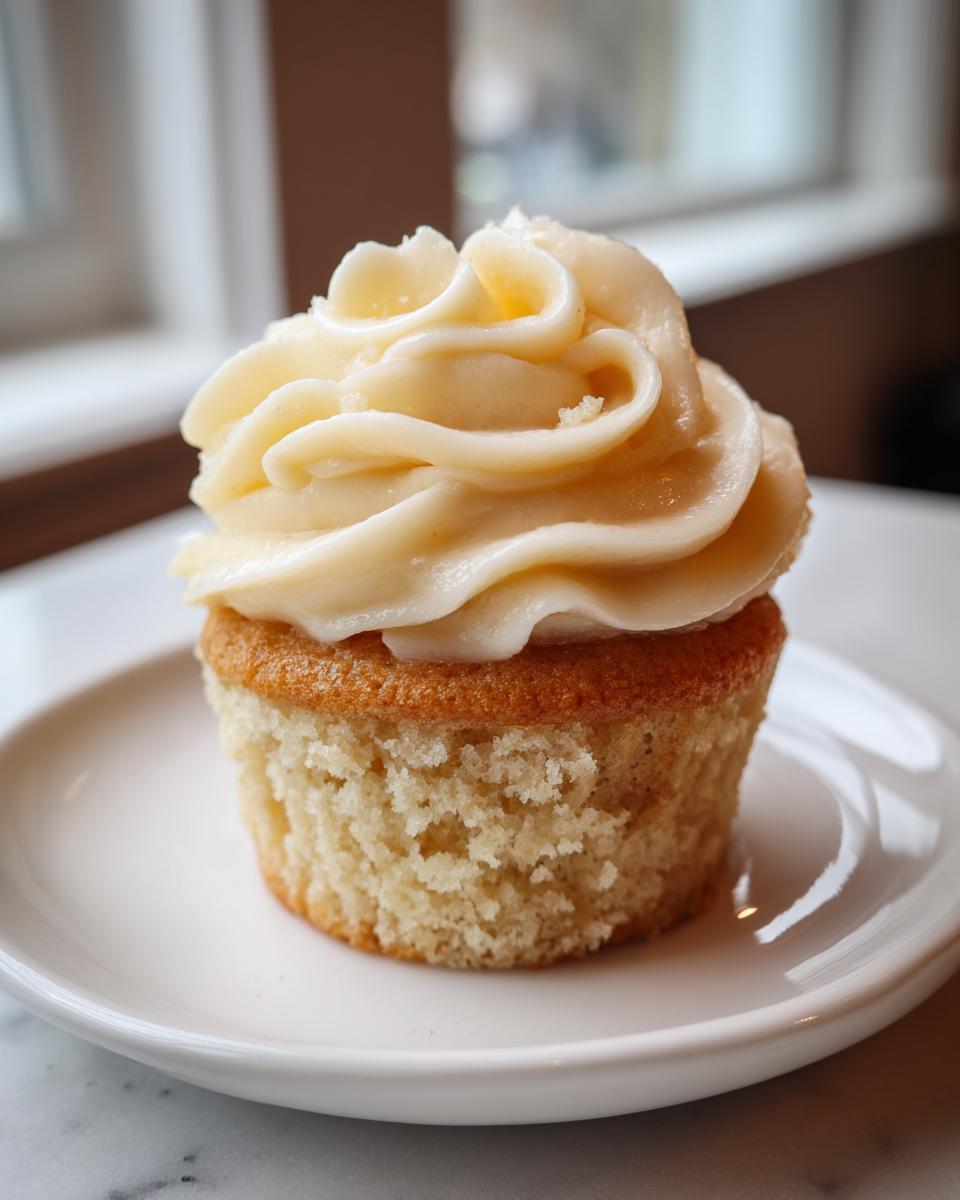 A single, perfectly baked vanilla cupcake topped with a generous swirl of pale yellow vanilla frosting, resting on a white plate.