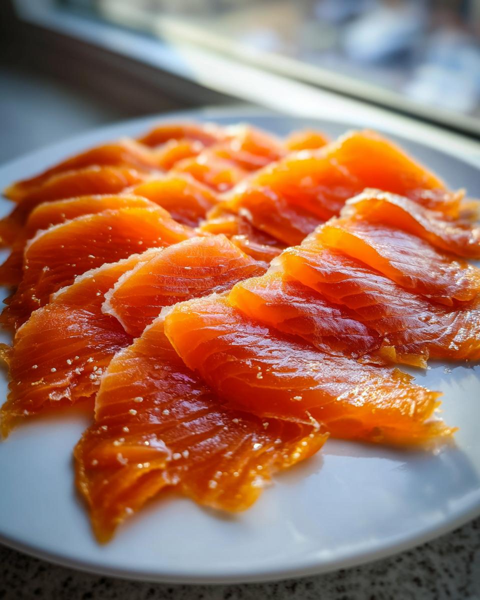 Close-up of thinly sliced, vibrant orange smoked salmon arranged on a white plate, sprinkled with salt crystals.
