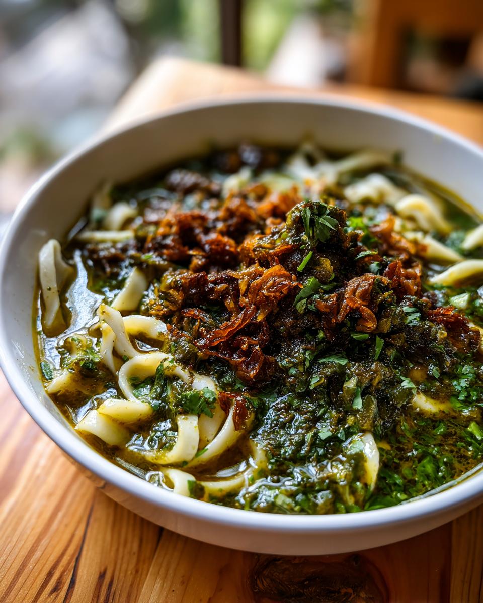 Close-up of a bowl of rich, green persian noodle soup topped with fried onions and fresh herbs.