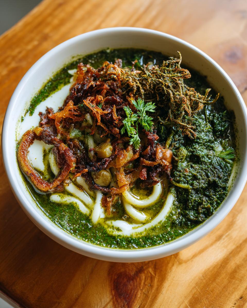 Close-up of a white bowl filled with vibrant green persian noodle soup, topped with fried onions and herbs.