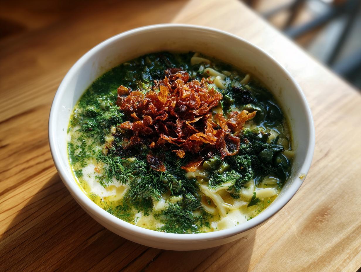 Close-up of a white bowl filled with vibrant green Persian noodle soup, topped with fried onions.