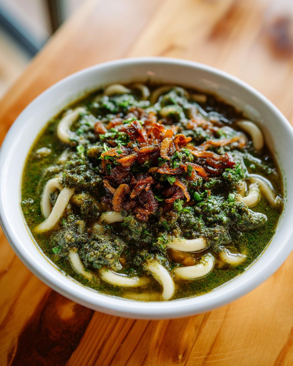 Close-up of a bowl of rich, green Persian noodle soup topped with fried onions.