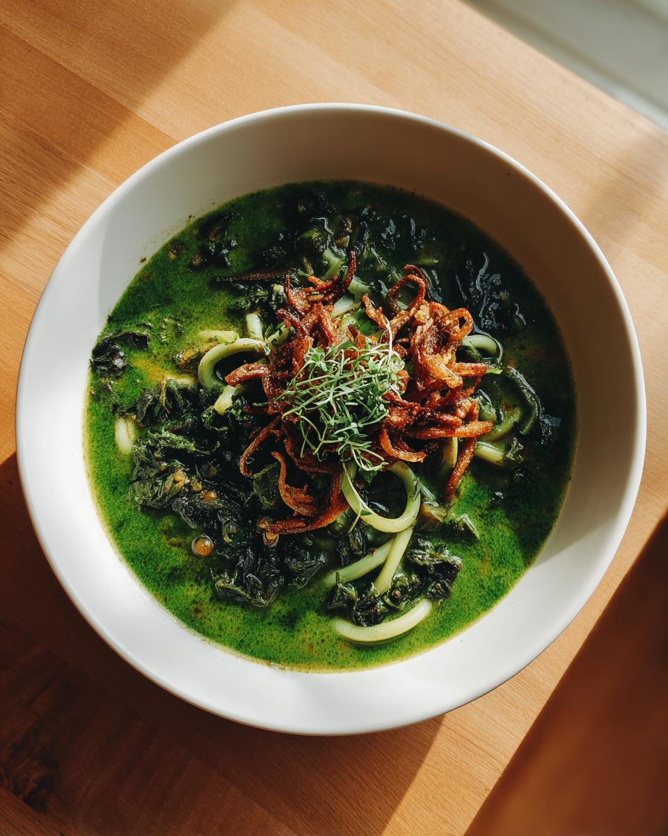 Overhead view of a bowl of vibrant green persian noodle soup topped with fried onions and microgreens.
