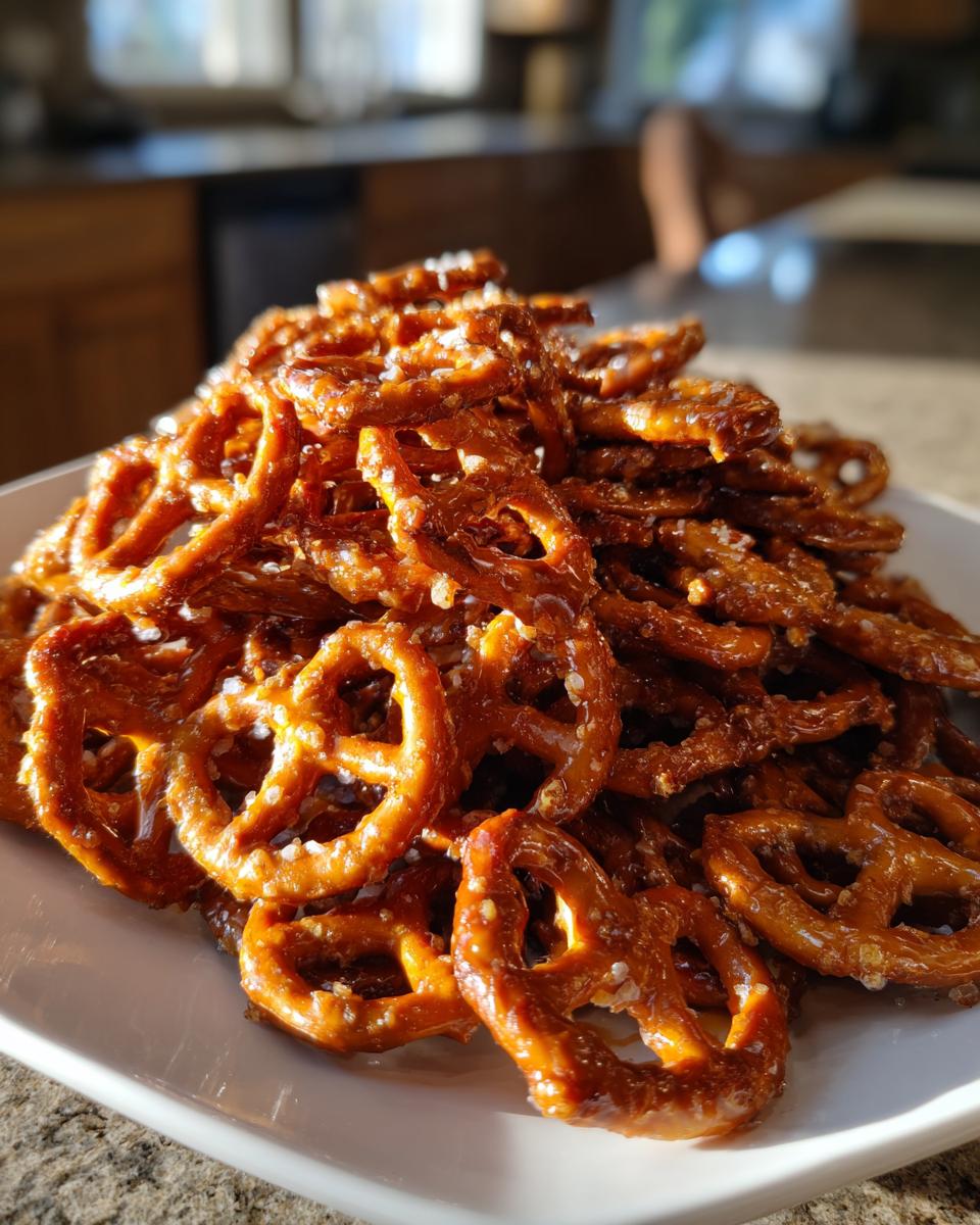 A close-up of a large pile of glistening, homemade toffee pretzels sprinkled with sea salt on a white plate.