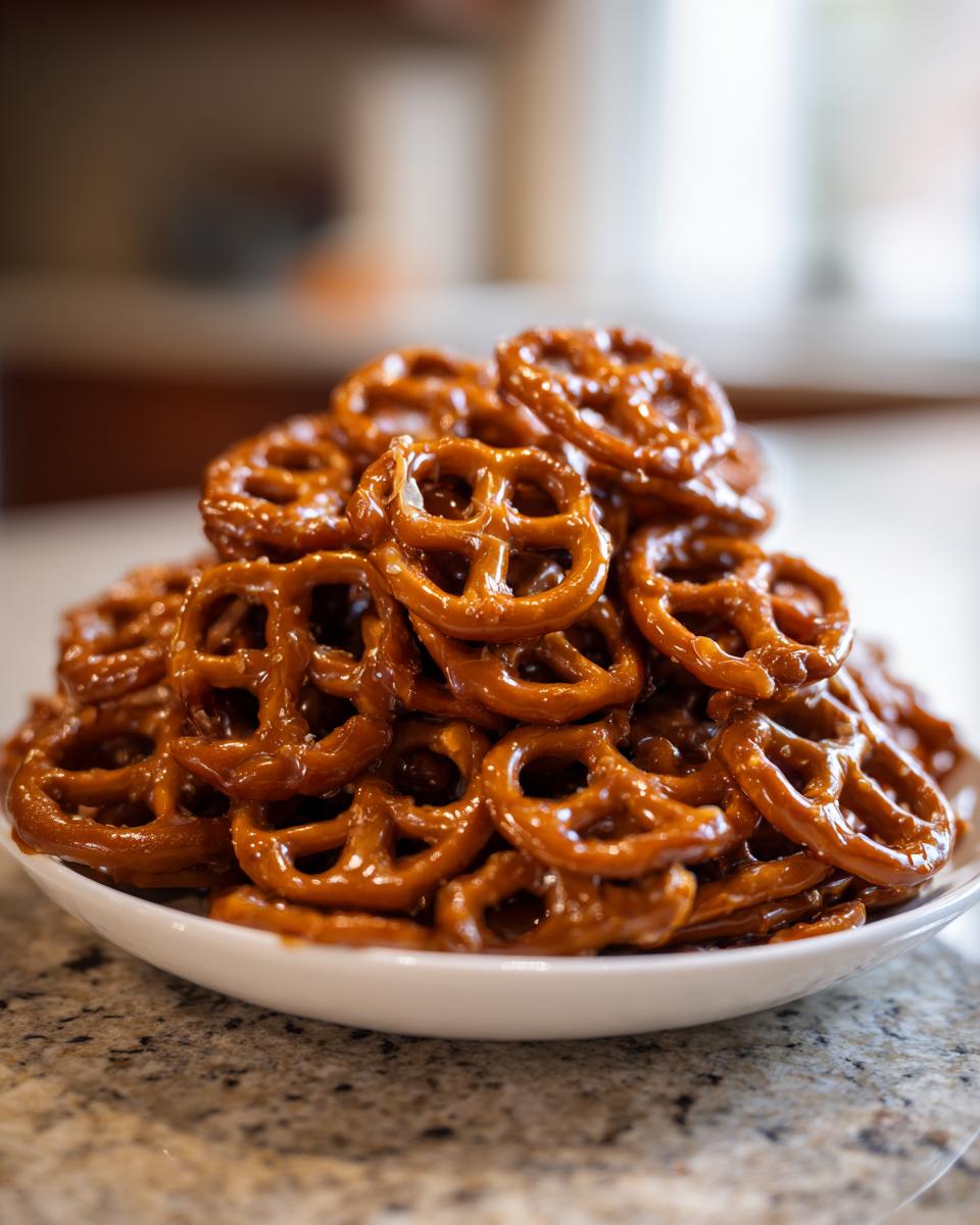 A close-up shot of a large pile of shiny, glazed toffee pretzels stacked high on a white serving dish.
