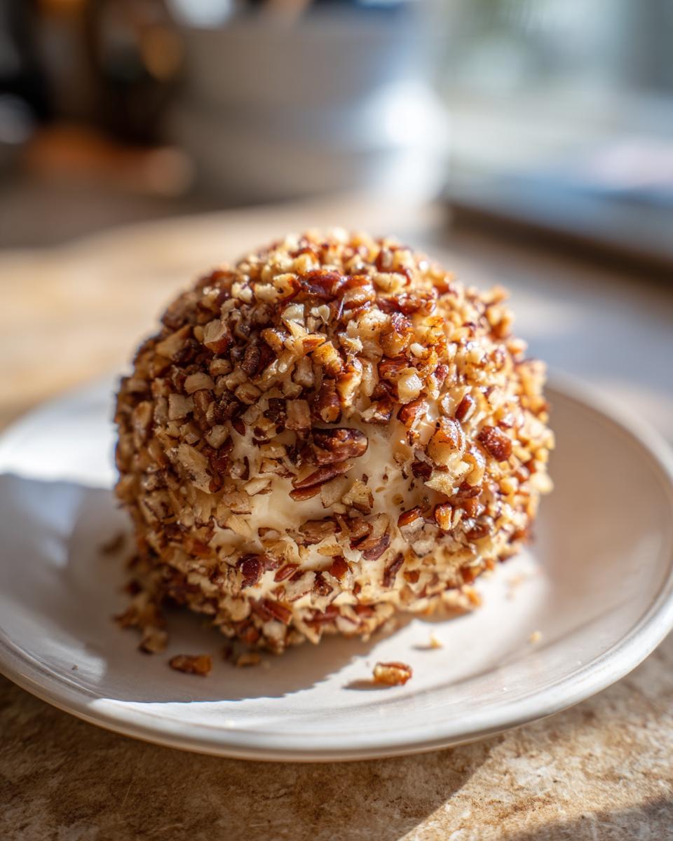 A close-up of a creamy pineapple cheese ball completely coated in chopped pecans, resting on a small white plate.