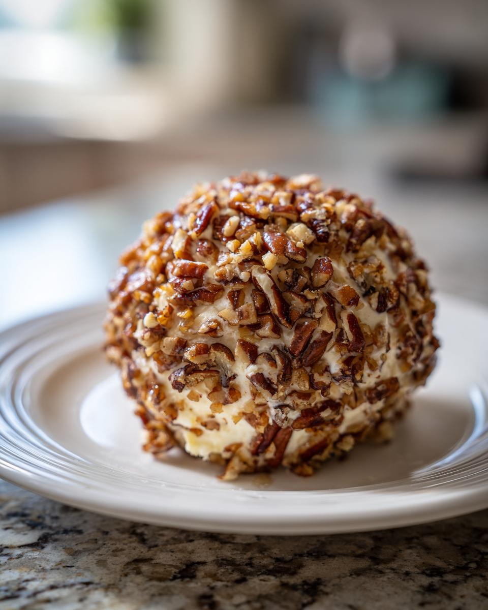 A close-up of a creamy pineapple cheese ball completely coated in chopped, toasted pecans, resting on a white plate.