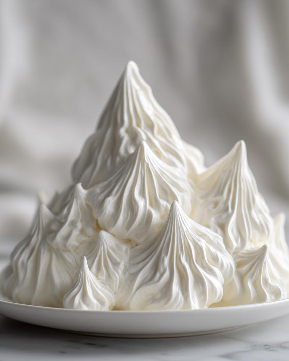A mound of stiff, white royal icing piped into sharp peaks, perfect for gingerbread house icing.