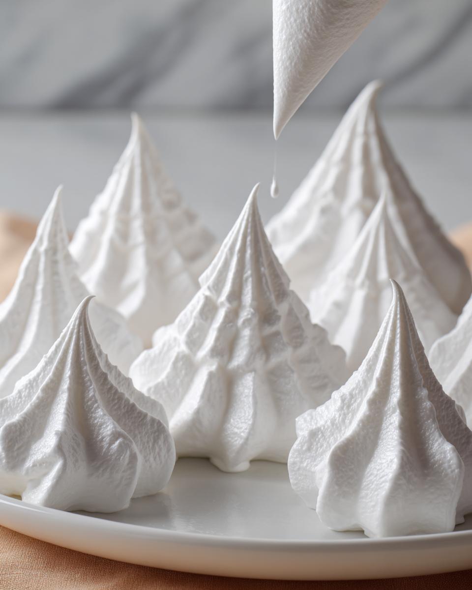A piping bag dispenses thick, white gingerbread house icing onto a plate, forming stiff, peaked shapes.