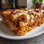 A generous slice of baked pizza casserole featuring rotini pasta, rich tomato sauce, and melted, browned mozzarella cheese.