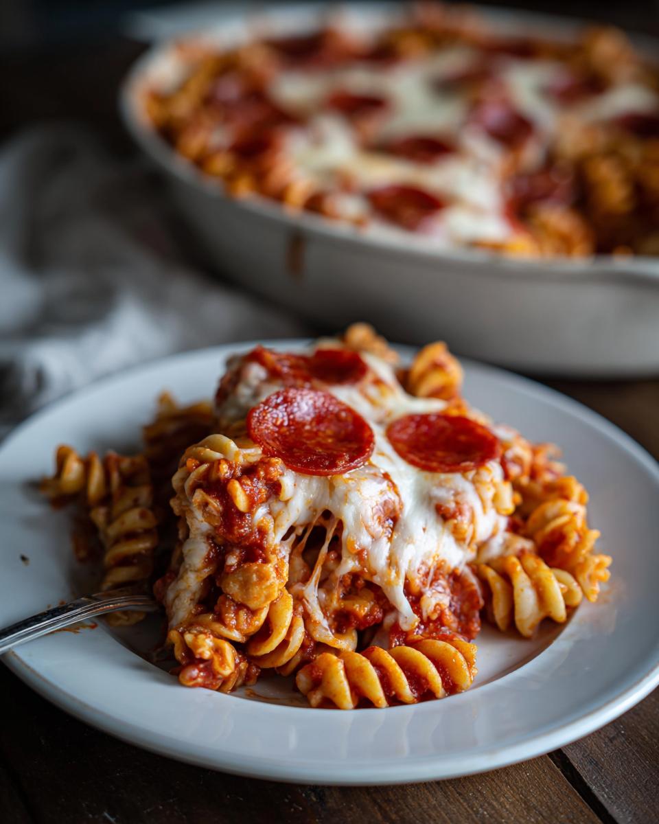 A close-up of a serving of pizza pasta featuring rotini noodles, tomato sauce, melted mozzarella cheese, and pepperoni slices.