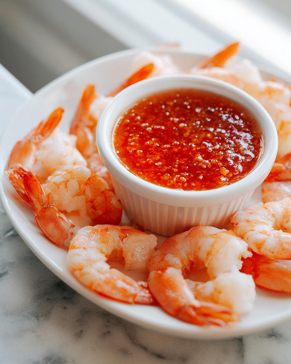 Close-up of cooked, peeled shrimp arranged around a small white bowl of vibrant red shrimp cocktail dipping sauce.