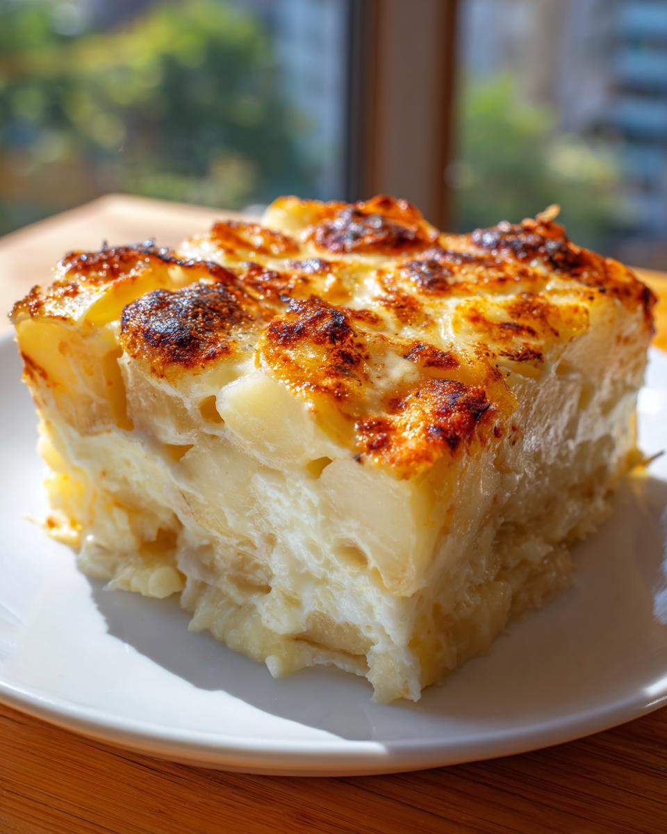 A square serving of creamy potatoes au gratin with a beautifully browned and bubbly cheese crust.