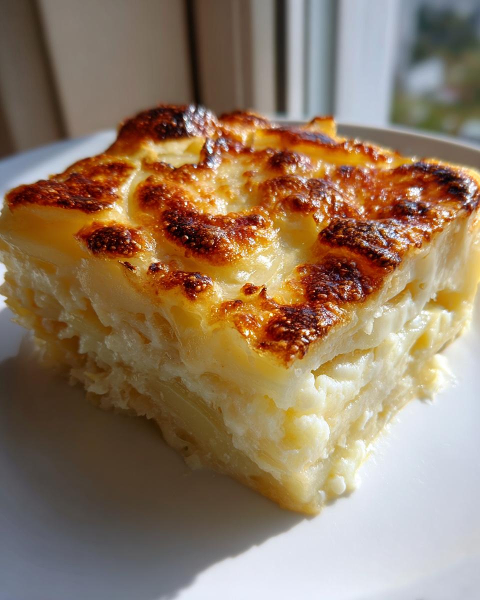 A square slice of creamy potatoes au gratin showing layered potatoes and a deeply browned, cheesy top.