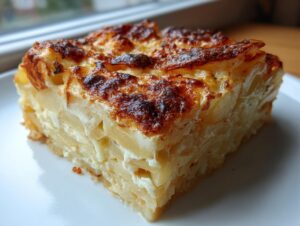 A thick, square slice of rich potatoes au gratin with a deeply browned, cheesy crust.