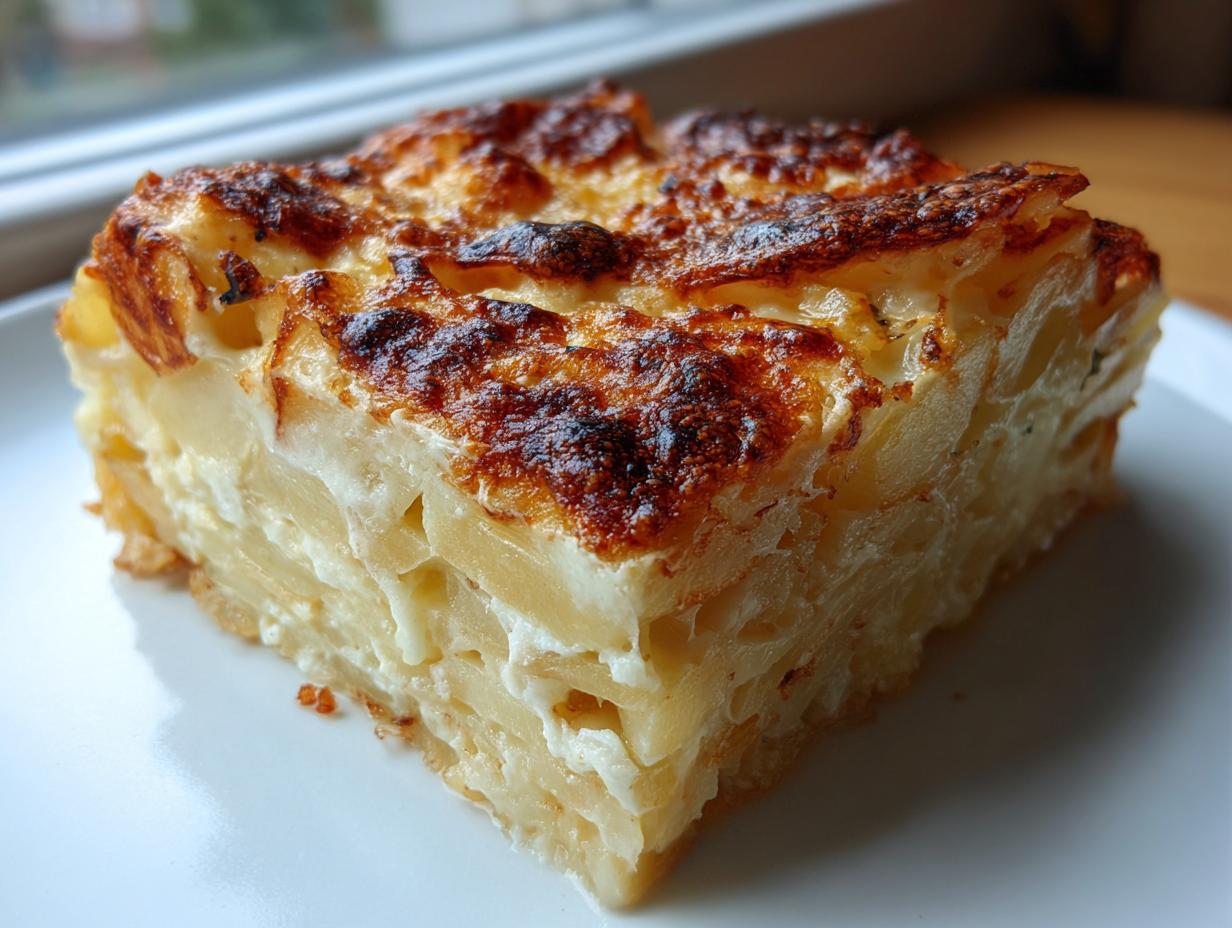 A thick, square slice of rich potatoes au gratin with a deeply browned, cheesy crust.