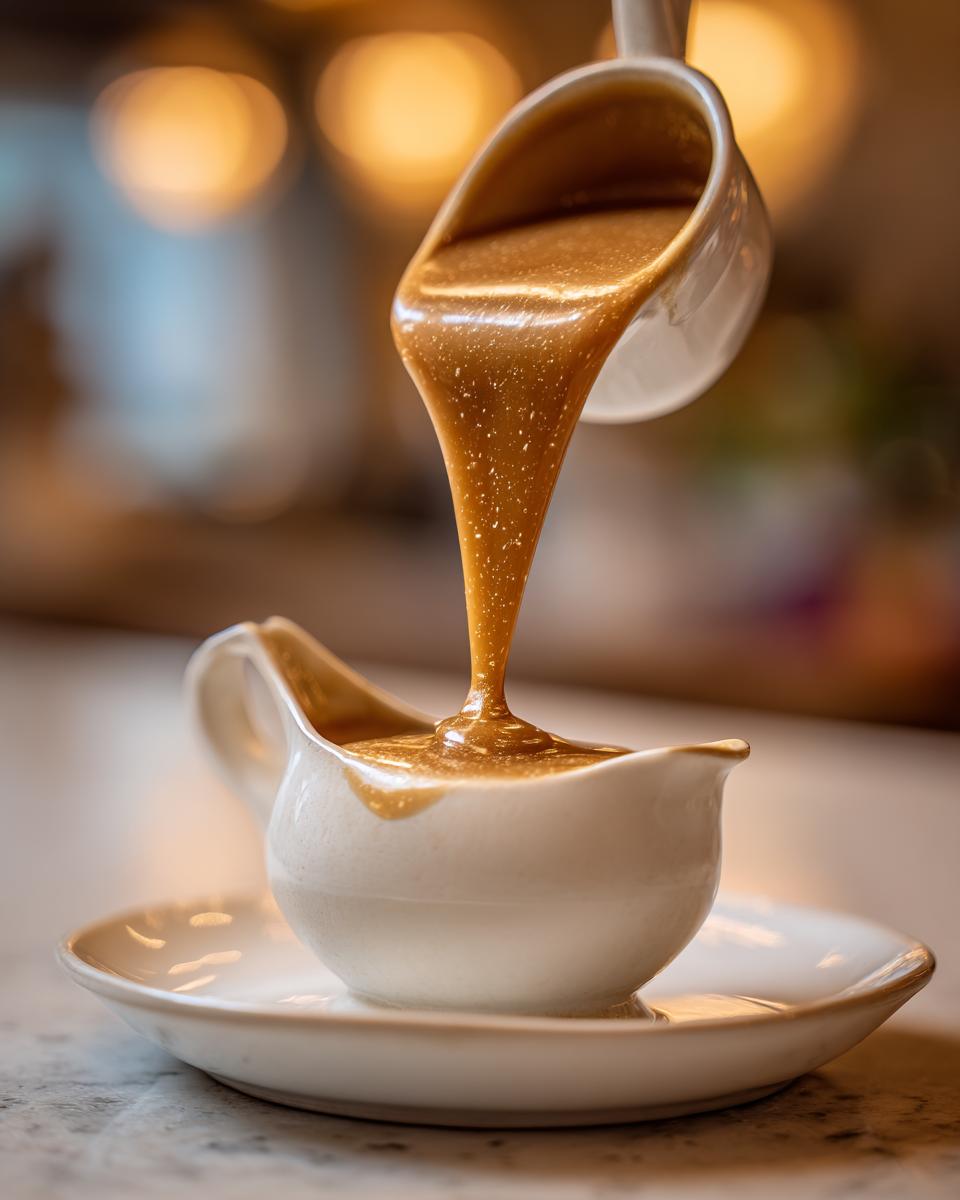Close-up of rich, brown turkey gravy being poured from a ladle into a white ceramic gravy boat.