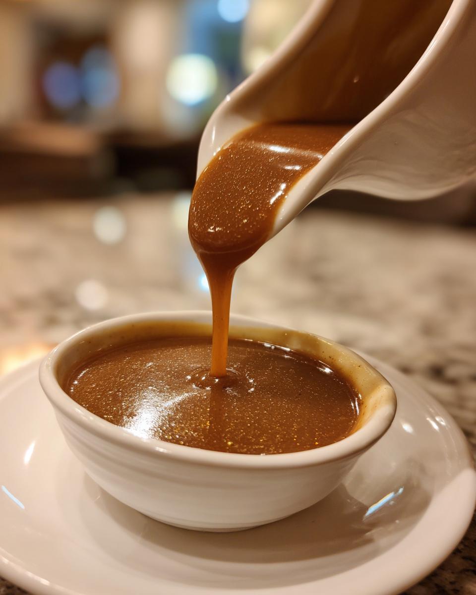 Close-up of rich, brown turkey gravy being poured from a white gravy boat into a small white bowl.