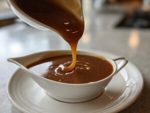Close-up of rich, brown turkey gravy being poured from a ladle into a white ceramic gravy boat.