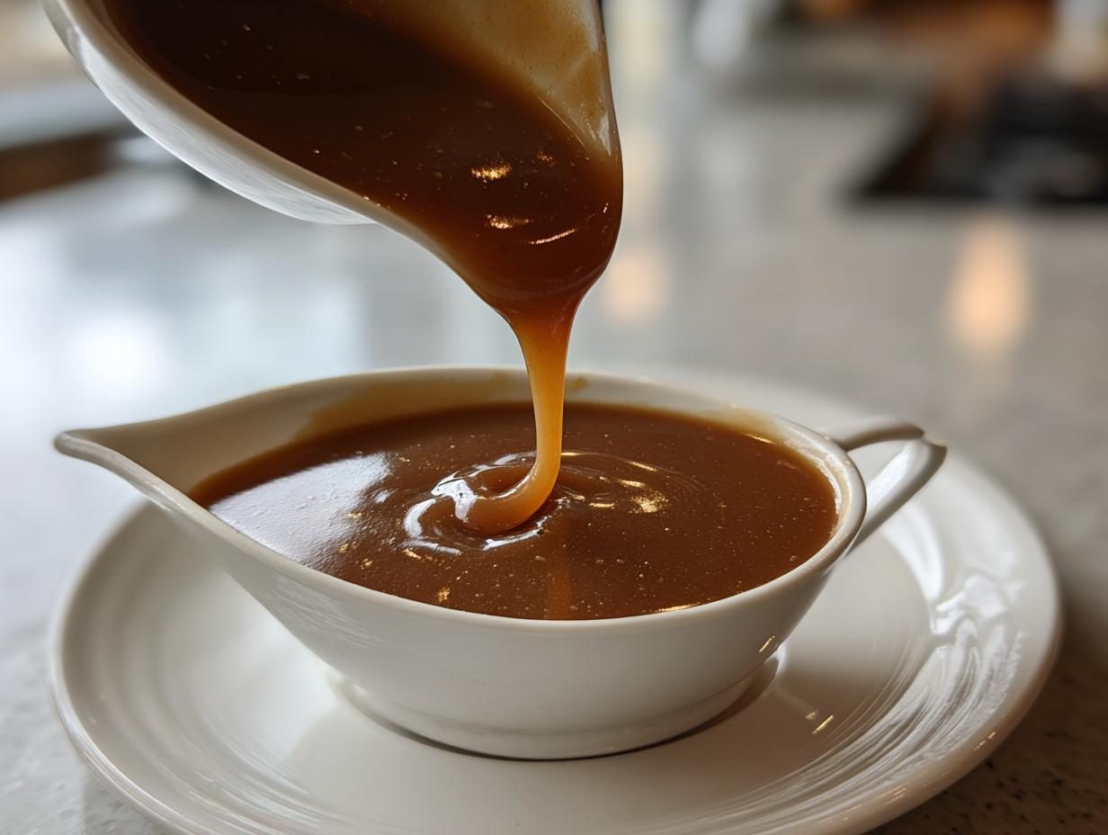 Close-up of rich, brown turkey gravy being poured from a ladle into a white ceramic gravy boat.