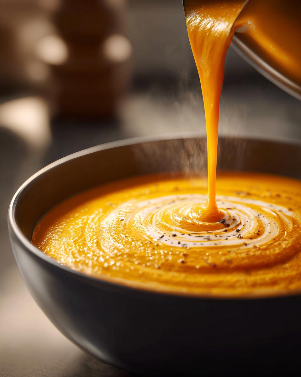 Thick, vibrant orange roasted butternut squash soup being poured into a dark bowl, topped with a swirl of cream and cracked pepper.