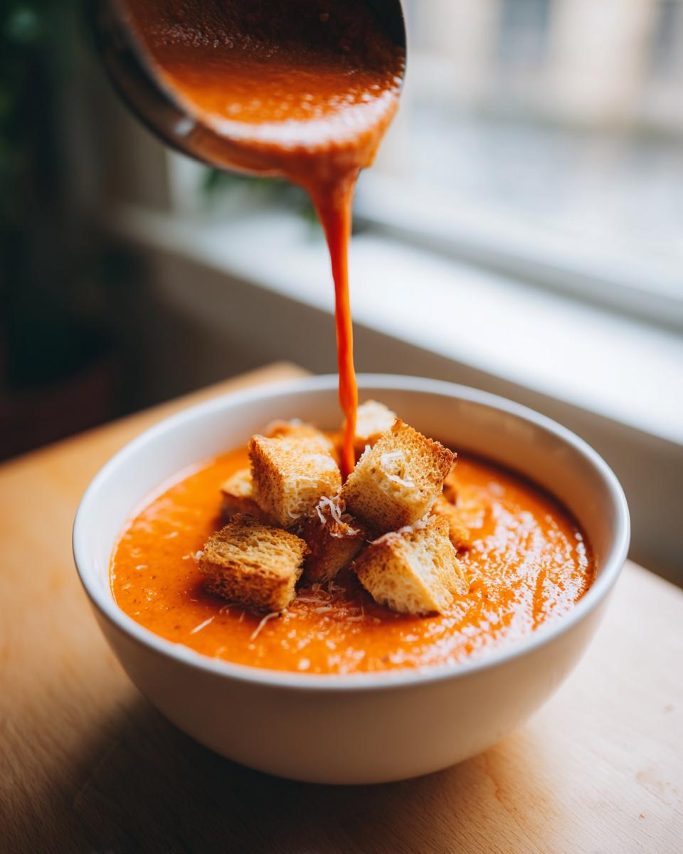 Rich orange roasted tomato soup being poured into a bowl topped with golden croutons.