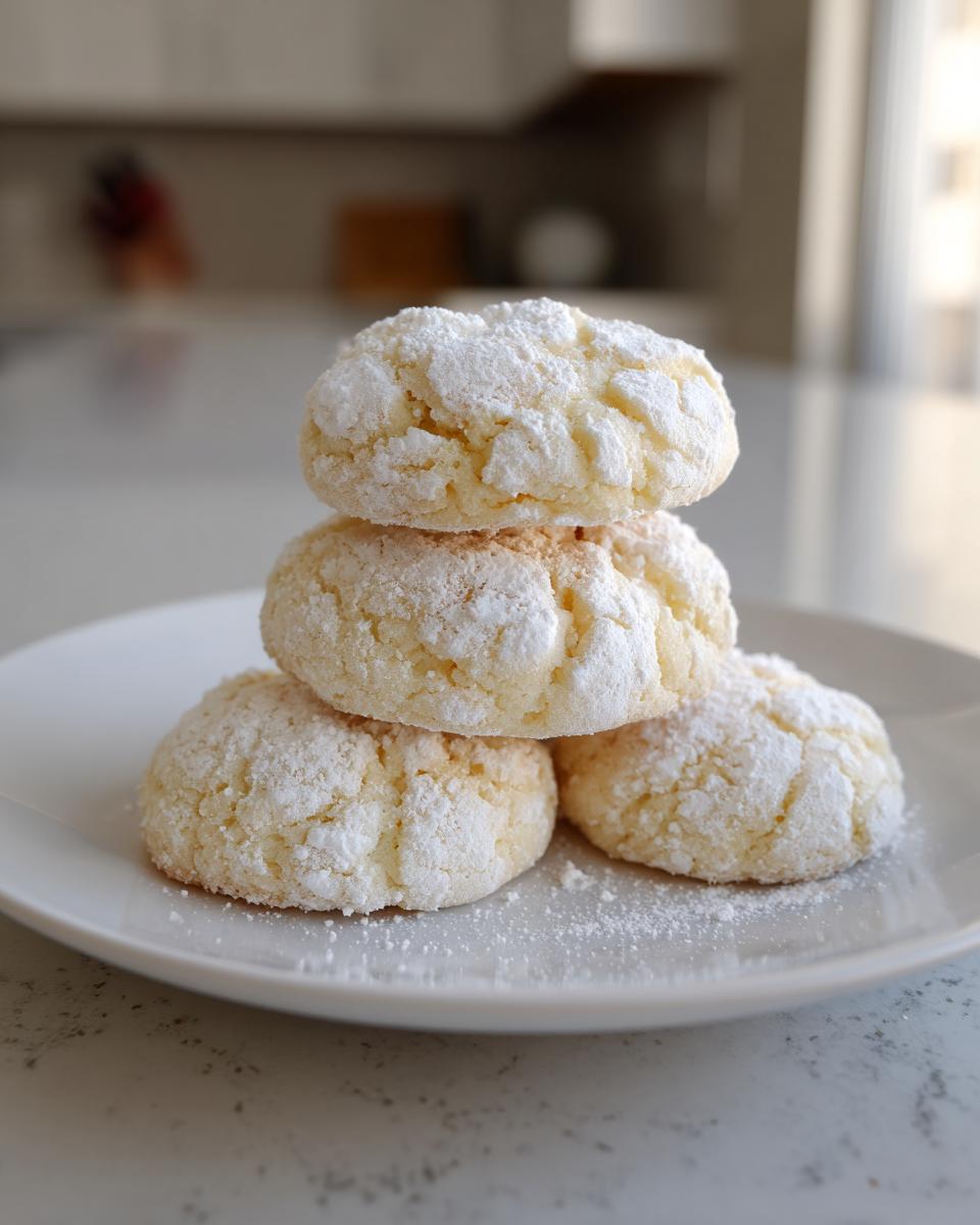 Four soft, crinkle-top cool whip cookies dusted heavily with powdered sugar stacked on a white plate.