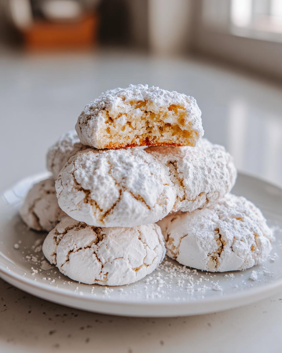 A stack of soft, powdered sugar-dusted cool whip cookies on a white plate, with the top cookie broken to show the fluffy interior.