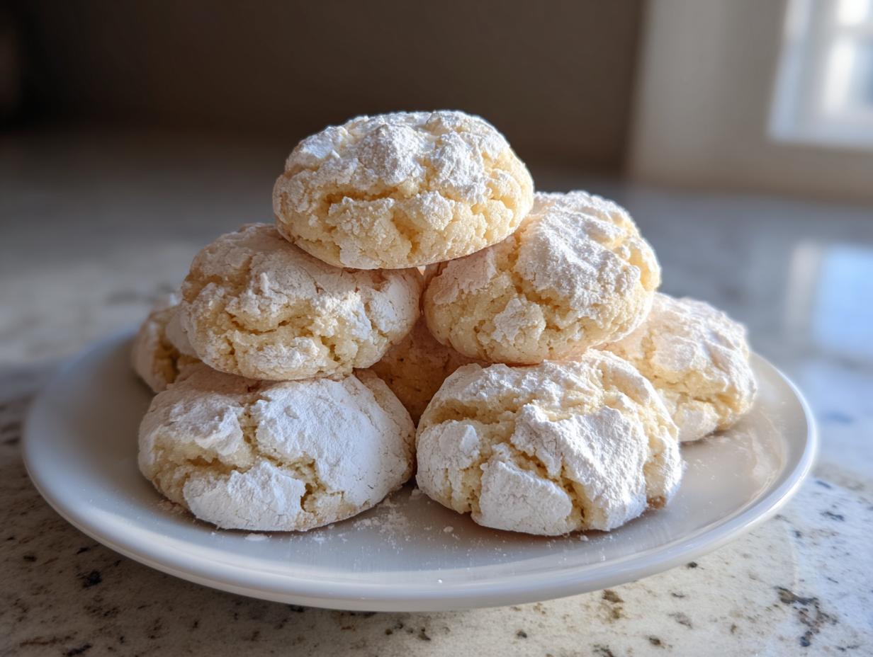 A stack of soft, crinkle-top cool whip cookies heavily dusted with powdered sugar on a white plate.