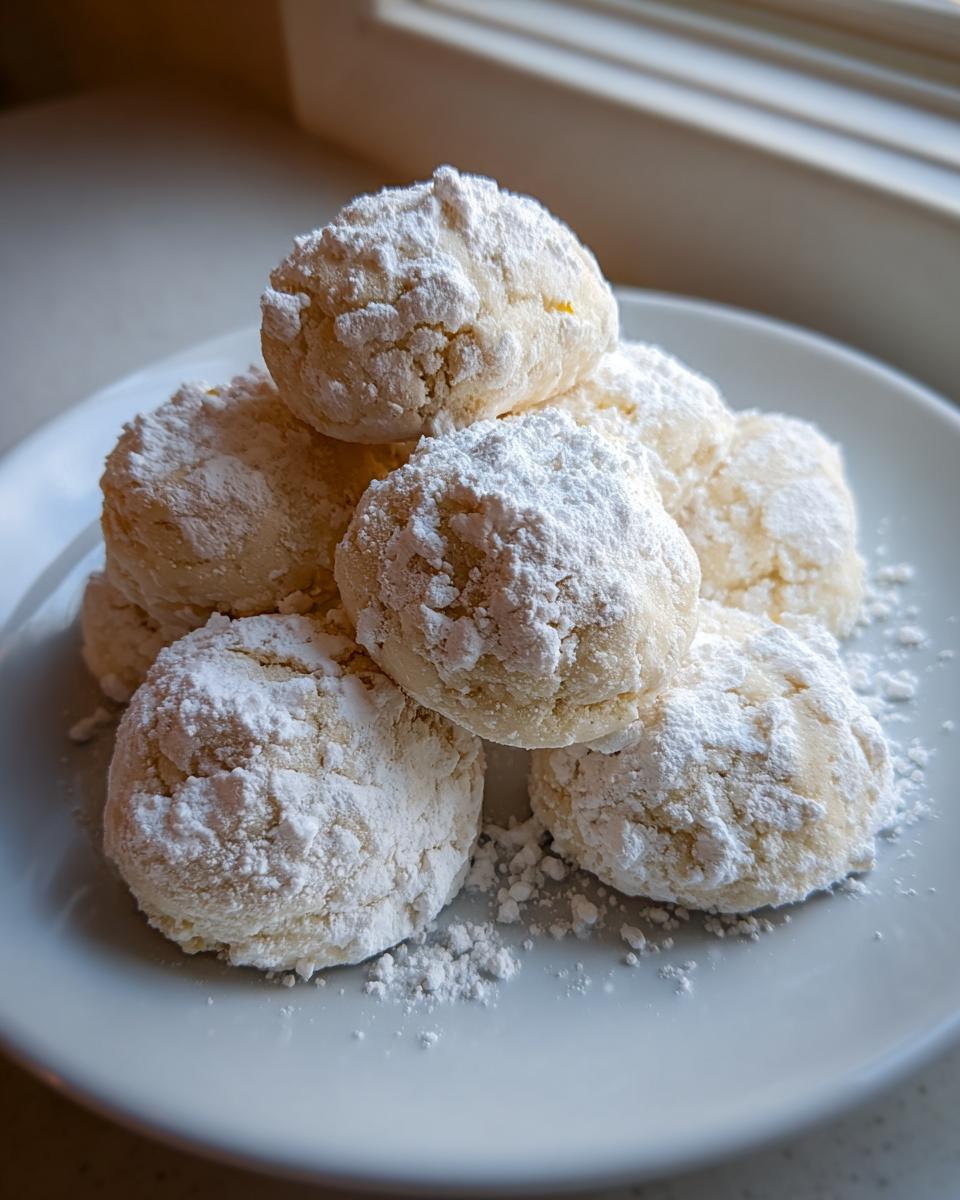 A stack of soft, round lemon cookies heavily dusted with powdered sugar on a white plate.