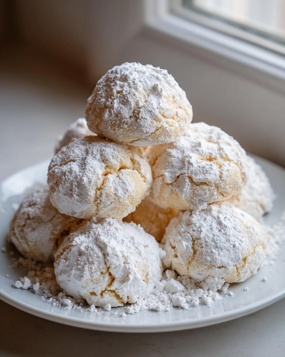 A stack of soft, crinkle-top lemon cookies heavily dusted with powdered sugar on a white plate.