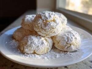 A stack of soft, powdered sugar-dusted lemon cookies piled on a white plate.