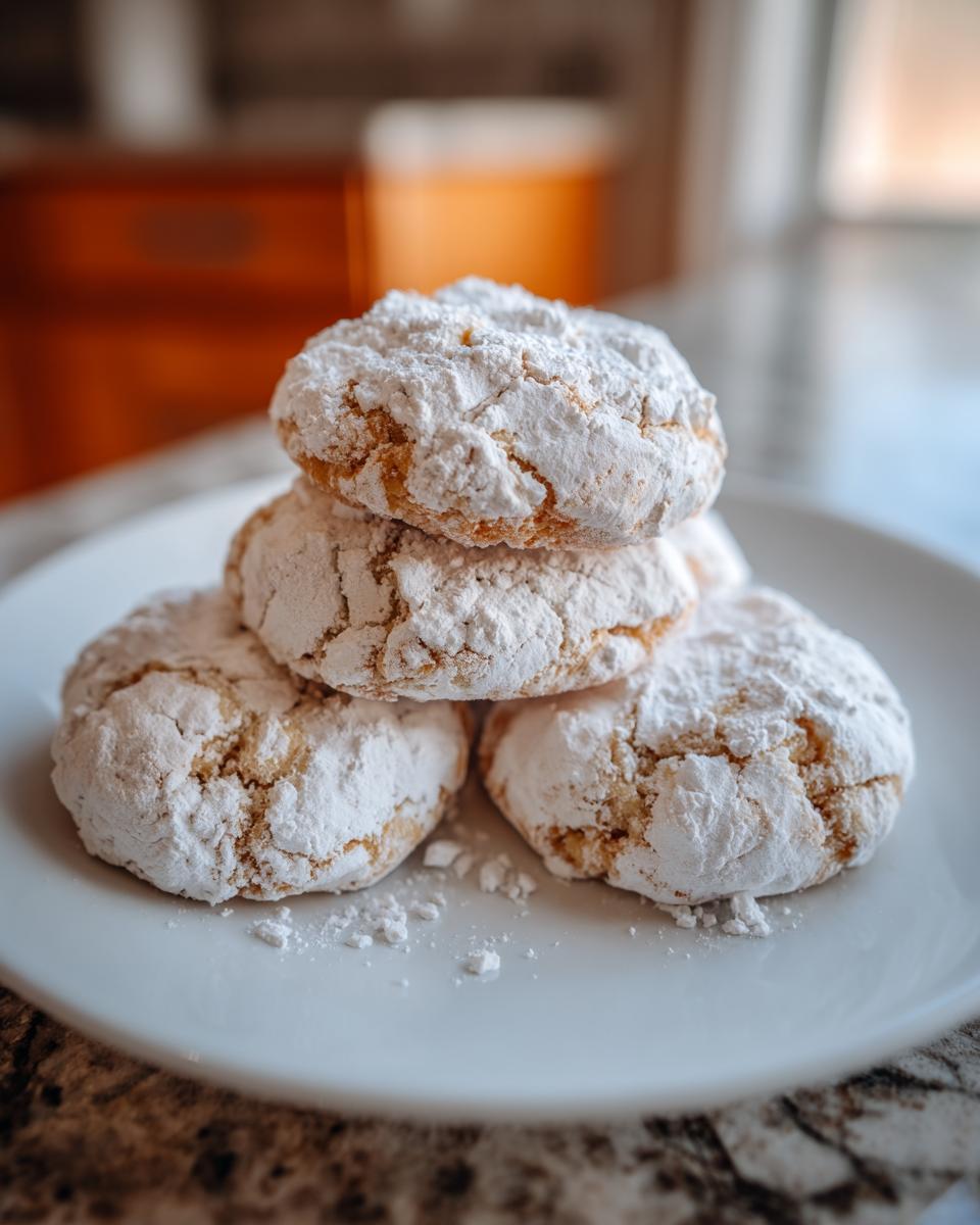 Four soft, crinkle-top cool whip cookies heavily dusted with powdered sugar stacked on a white plate.