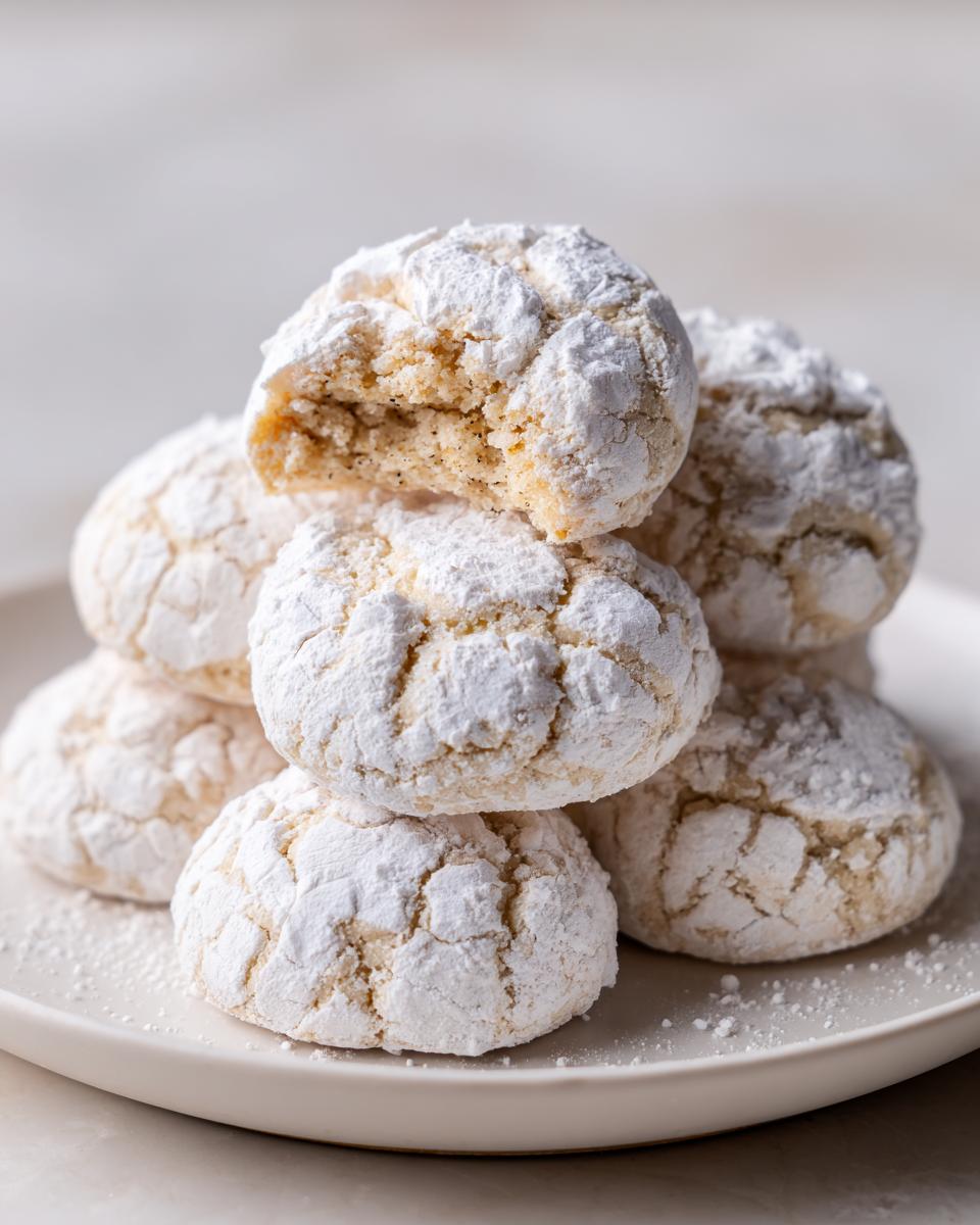 A stack of soft, cracked, powdered sugar coated cool whip cookies on a light plate.