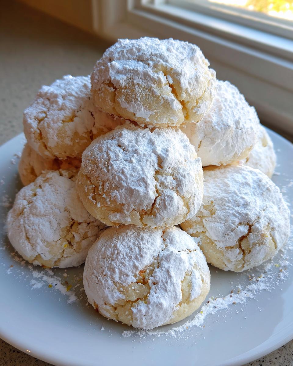 A stack of soft, cracked lemon cookies heavily dusted with powdered sugar on a white plate.